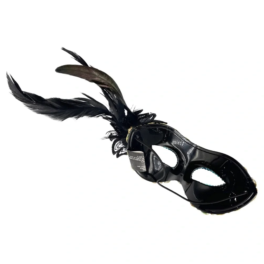 🎭TEAL/BLACK MASQUERADE HALLOWEEN MASK WITH SEQUINS, LACE, FABRIC ROSE & FEATHER - Picture 5 of 6